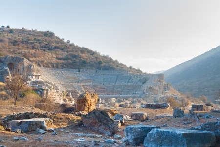 Roman stone amphitheater ruins panorama in ephesus Archaeological site in turkeyのeditorial素材