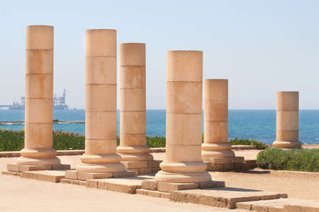 Roman old stone decorated column row in caesarea Archaeological site close to Herod the Great hippodromeの写真素材