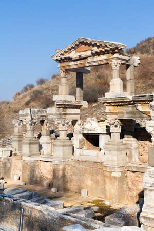 Rich people roman villa ruins with stone columns row in ephesus Archaeological site in turkeyの写真素材