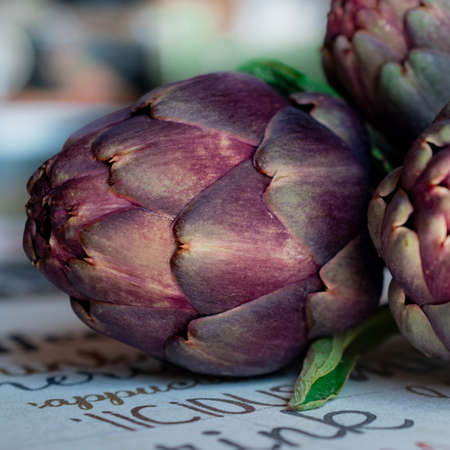 Close-up of an artichoke on the table in the kitchen.の写真素材