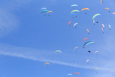 many paragliders in the skyの写真素材