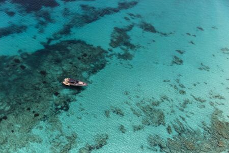 inflatable motor boat in formentera, navigate in the beautiful sea of baleares islandsの写真素材