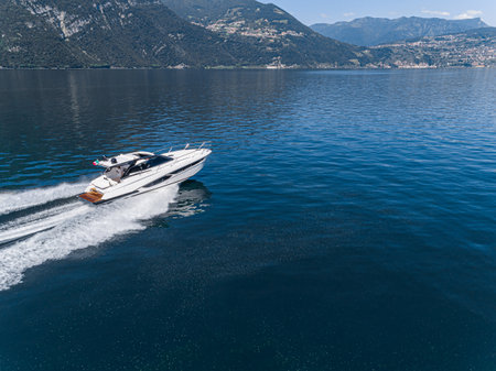 motor boat in navigation aerial viewの写真素材