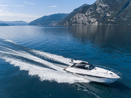 motor boat in navigation aerial viewの写真素材