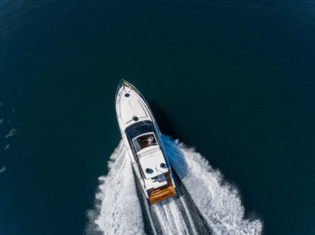 motor boat in navigation aerial viewの写真素材