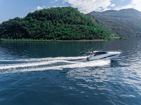 motor boat in navigation aerial viewの写真素材