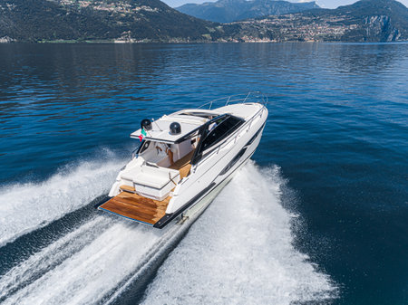 motor boat in navigation aerial viewの写真素材