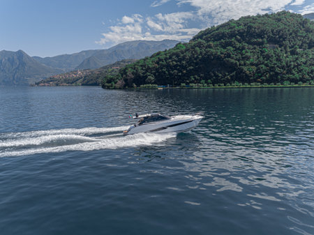 motor boat in navigation aerial viewの写真素材