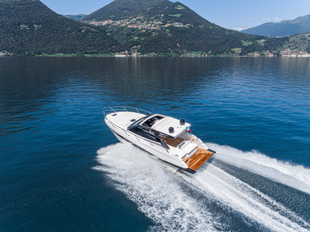 motor boat in navigation aerial viewの写真素材