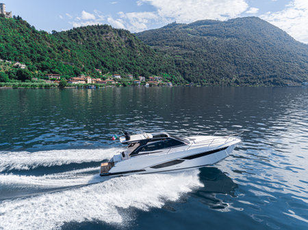 motor boat in navigation aerial viewの写真素材