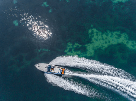 motor boat in navigation aerial viewの写真素材