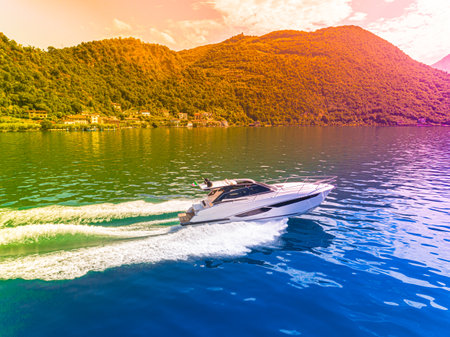 motor boat in navigation aerial viewの写真素材