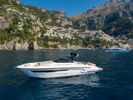 Motor yacht in the bay of Amalfi coast, Italy.の写真素材