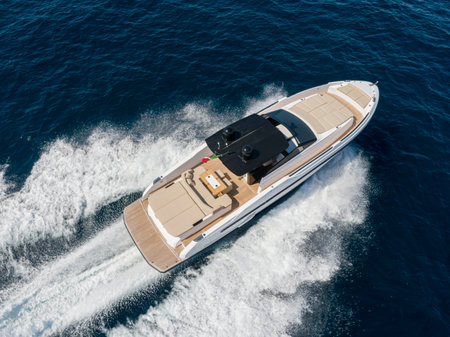 Aerial view of luxury motor yacht in the mediterranean sea.の写真素材