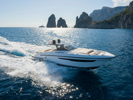 Luxury motor yacht in the Mediterranean sea at sunset. Italyの写真素材