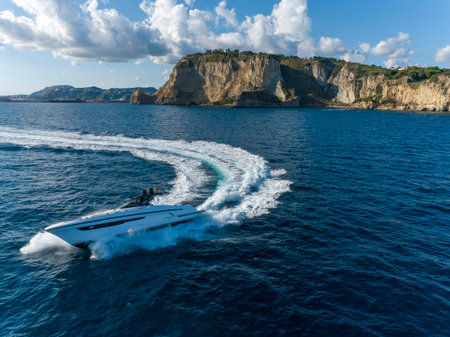 Boat in the bay of the island of Capri, Italyの写真素材