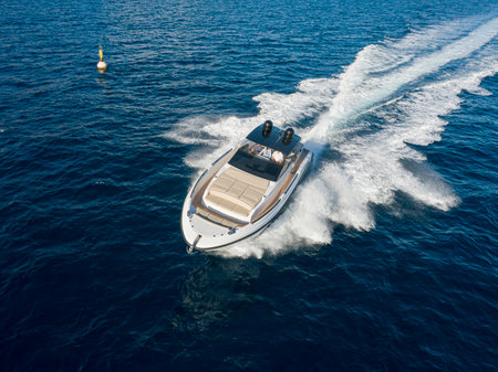 Aerial view of a motor boat in the sea. Yachting.の写真素材