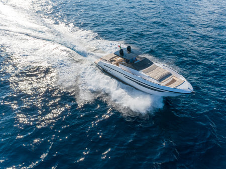 Aerial view of a speedboat in the mediterranean sea.の写真素材