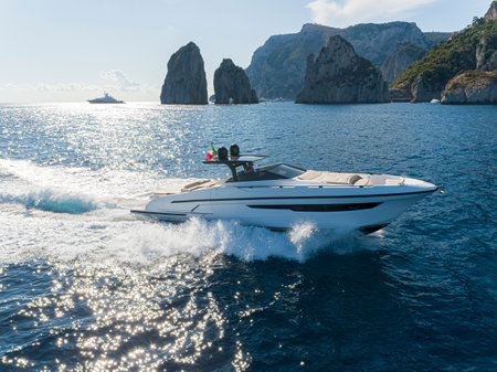 Luxury motor boat in the bay of Capri island, Italyの写真素材
