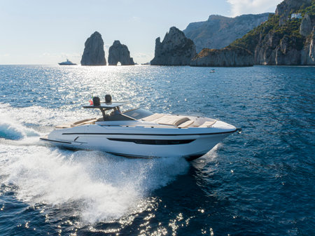 Luxury Yacht in the Mediterranean Sea, Capri island, Italyの写真素材