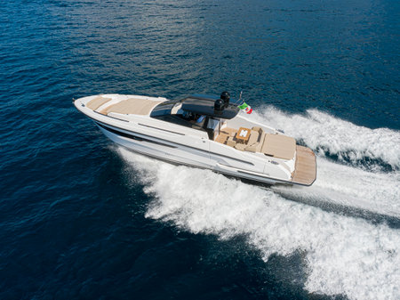Speed boat in the sea, top view. Luxury motor boatsの写真素材