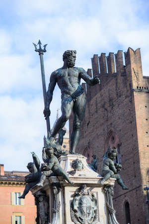 Bologna, Italy, statue of Neptune nude with Tridentの写真素材