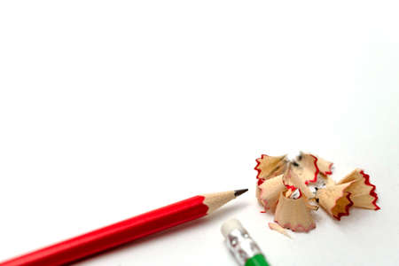 Pencil with sharpening shavings on white backgroundの写真素材
