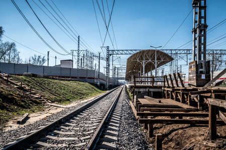 Saltykovka, Moscow Region, Russia - April 24 2019: View of a typical suburban railway stationの写真素材