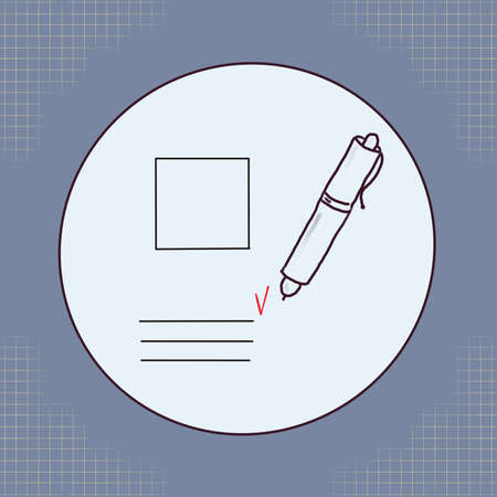 Schematic image of a fountain pen in a circle on a gray checkered background. Space for lettering or designの写真素材