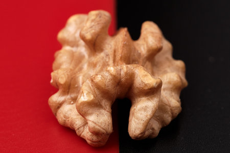 Close-up of a walnut fruit on a red-black background. selective focus.
