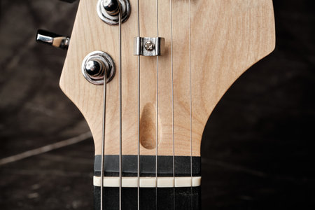 Close-up of a fragment of a guitar neck with pegs and strings on a dark background. selective focus.