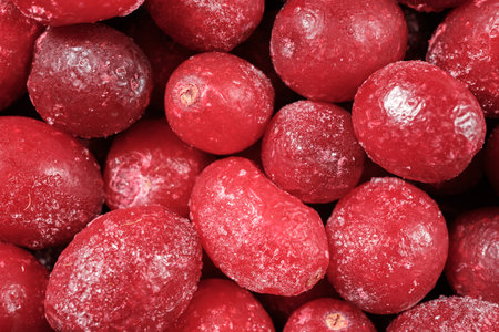 Background of frozen red cranberries. close-up. top view. Space for lettering and design.の写真素材