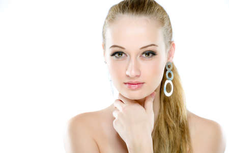 Horizontal color image   Beauty Portrait   On white background   Perfect Fresh Skin closeup  Isolated on White Background  Pure Beauty Model  Youth and Skin Care Conceptの写真素材