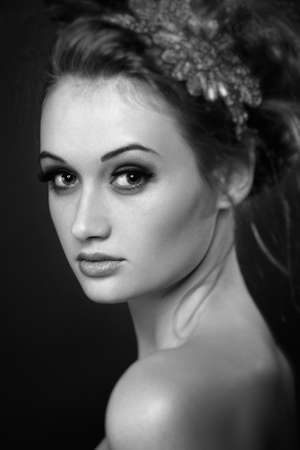 Vertical black and white image   Beauty Portrait   Perfect Fresh Skin closeup    Pure Beauty Model   Youth and Skin Care Conceptの写真素材