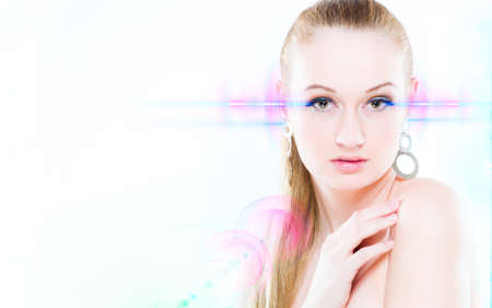 Horizontal color image  Special light rays effects  On white background  Beauty Portrait  Perfect Fresh Skin closeup  Isolated on White Background  Pure Beauty Model  Youth and Skin Care Conceptの写真素材