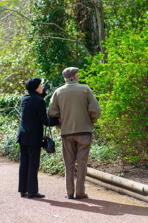 Vertical color image of a senior couple taking a walk in a park while holding hands on a sunny dayの写真素材