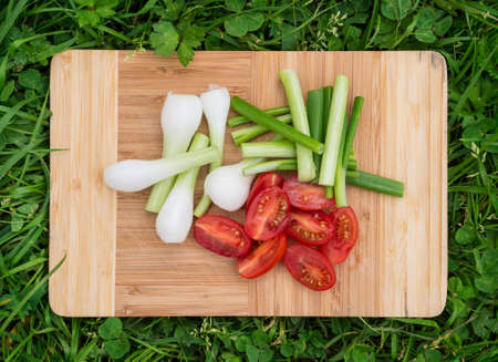 fresh green onions and cherry tomatoes on the old wooden cutting board, closeup food, outdoors shotの写真素材