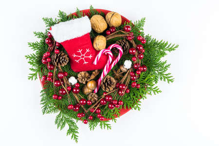 Christmas table decoration isolated on white background with copy spaceの写真素材