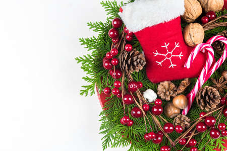 Christmas table decoration isolated on white background with copy spaceの写真素材