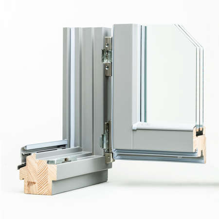 wooden window with aluminium wrap sample, isolated on white background