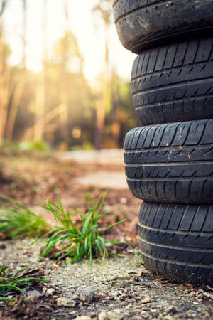 Pile of old tyres, recycling conceptの写真素材