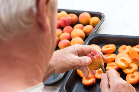 Anonymous man halving fresh homegrown apricotsの写真素材