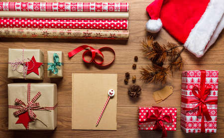 Retro christmas, desk view from above with letter to santa, xmas concept with copy spaceの写真素材