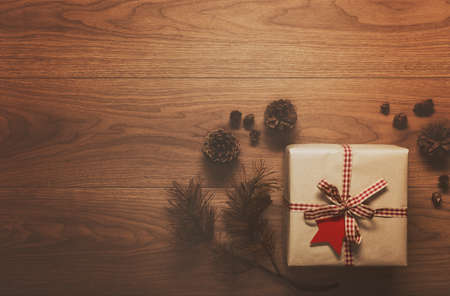 Christmas theme background, on wooden table with copy spaceの写真素材