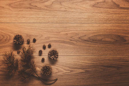Christmas theme background, on wooden table with copy spaceの写真素材