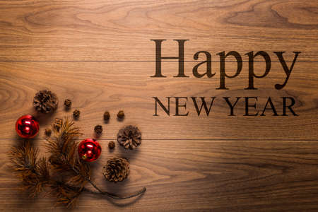 New Year theme background, on wooden tableの写真素材