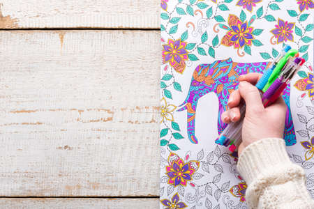 Woman holding gel pens, Adult coloring books, new stress relieving trend, mindfulness conceptの写真素材