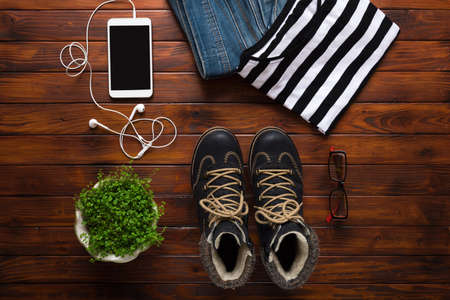 Flat lay winter hipster fashion backgroundの写真素材