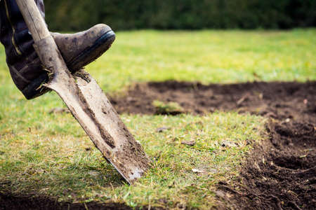 Man using spade for old lawn digging