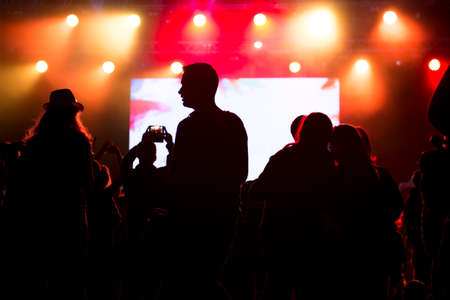 Friends enjoying concert, people dancing at a party, silhouettes